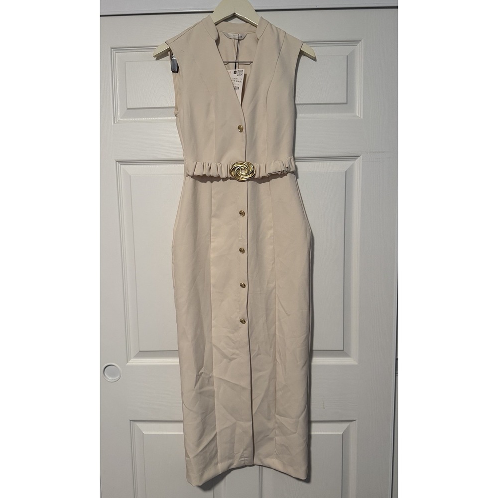 Zara Ecru Midi Dress Gold Buttons Sophisticated Minimalist Quiet Luxury Cream